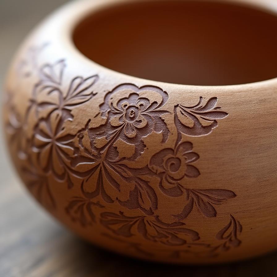 Detalle de diseño floral en cuenco de madera