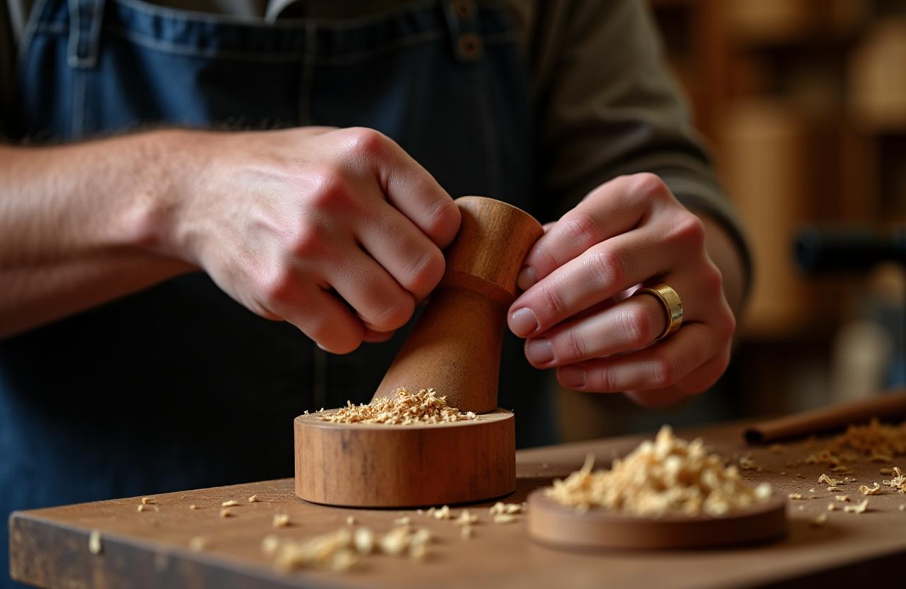 Artesano torneando madera en torno